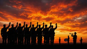 剪影士兵在日落時敬禮，遊行樂隊演奏。