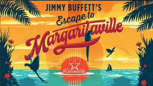 熱帶日落場景，有棕櫚樹、鸚鵡和帆船，宣傳 Jimmy Buffett 的 Margaritaville 表演。 — 熱帶 壁紙