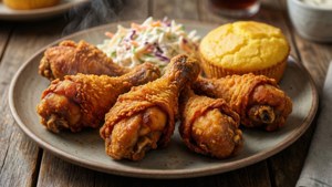熱騰騰的酥脆炸雞腿，配上涼拌高麗菜和玉米麵包，放在盤子上。