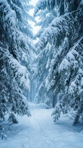 積雪的森林小徑，兩旁是掛滿雪的常綠樹，在淡藍色的天空下。