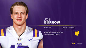 Joe Burrow 身穿 LSU 美式足球球衣，紫色背景上附有統計數據和學校標誌的肖像。 — 喬·布羅 壁紙