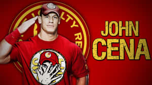 摔角手 John Cena 身穿紅色襯衫和帽子敬禮，他的名字以黃色文字呈現。 — WWE GIF 壁紙