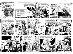 Johnny Hazard 漫畫連環圖，展示公海追逐，包含對話和動作。 — 漫威復仇者聯盟 壁紙