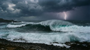 暴風雨中的海洋，海浪衝擊，閃電照亮天空。