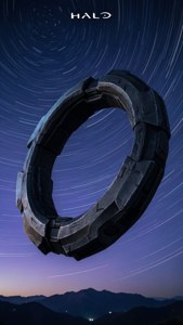 Halo環漂浮在山上，下方是暮色中的星軌。
