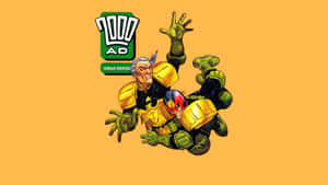 Judge Dredd 身穿戰鬥裝備，舉起手，背景為橙色。 — 新年快樂 2020 壁紙