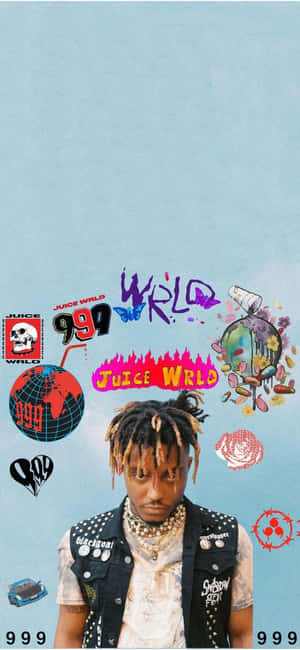 Juice WRLD 穿著鉚釘背心，周圍環繞著色彩繽紛的塗鴉藝術和標誌。 — Galaxy A07 壁紙