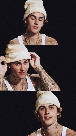 Justin Bieber 以三個姿勢戴著奶油色無邊帽，紋身清晰可見。 — 小賈斯汀 壁紙