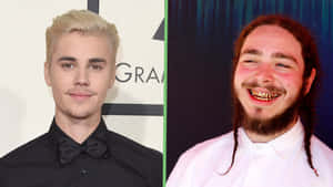 Justin Bieber 和 Post Malone 在分開的照片中，一個微笑，一個戴金牙大笑。 — 波斯特·马龙 壁紙