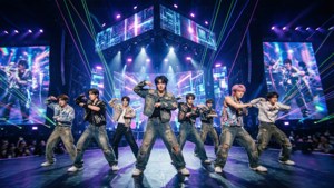 K-pop團體在霓虹燈照亮的舞台上，與數位螢幕和雷射燈光共舞。