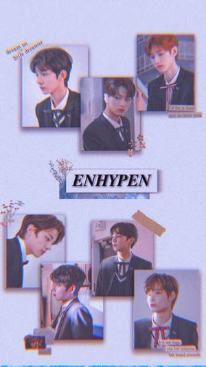ENHYPEN 成員身穿校服的拼貼照片，附有裝飾文字和花卉點綴。 — Enhypen 美學 壁紙