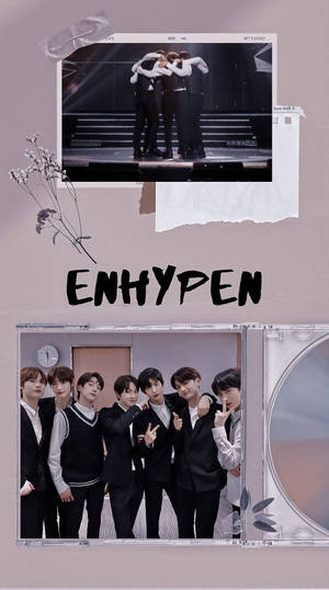 ENHYPEN K-pop 組合拼貼畫，包含舞台照片和與乾花及 CD 盒的休閒姿勢。 — 美學音樂 壁紙