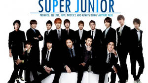 Super Junior 組合照片，黑色西裝，藍色文字。 — Super Junior 壁紙