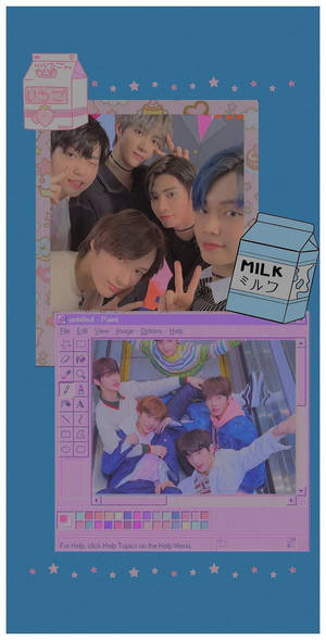 K-pop偶像在帶有牛奶盒和星星的數位繪畫應用程式拼貼畫中擺姿勢。