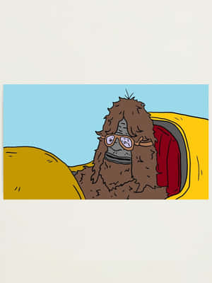 毛茸茸的卡通角色戴著太陽眼鏡，在藍天下坐在黃色車輛裡。 — HMD Terra M 壁紙