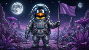 企鵝太空人在有兩個月亮的紫色外星行星上插旗