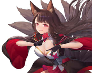動漫女孩，有狐狸耳朵和長髮，穿著紅黑服裝，俏皮地擺姿勢。 — 妖精尾巴角色 壁紙