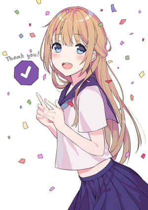 穿著校服的動畫女孩微笑著指向一個勾號，周圍有紙屑飄落。 — 可愛動漫女孩 壁紙