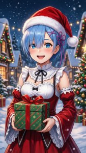戴聖誕帽的動漫女孩在雪村夜晚拿著聖誕禮物。