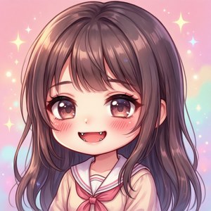 動漫女孩，有吸血鬼尖牙和棕色頭髮，在粉彩星空中微笑。 — Pixel Watch 5 壁紙
