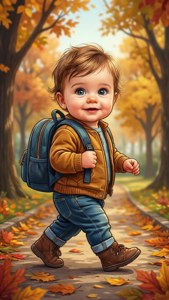 一個微笑的幼兒穿著外套和背包，走過有落葉的森林。 — iPhone 5 壁紙