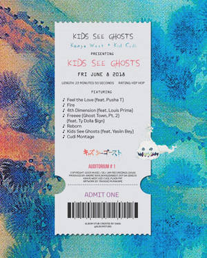 Kanye West 和 Kid Cudi 的 Kids See Ghosts 專輯存根門票，帶有彩色抽象背景。 — 美學音樂 壁紙