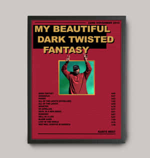 Kanye West《My Beautiful Dark Twisted Fantasy》的裱框專輯海報，附有曲目列表和藝人照片。 — Pixel 9 Pro Fold 壁紙
