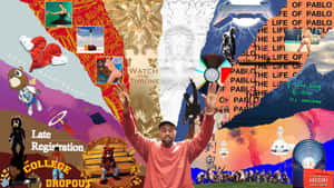 一幅色彩繽紛的拼貼畫，Kanye West 被他的專輯封面和文化符號包圍。 — 肯伊·威斯特 壁紙