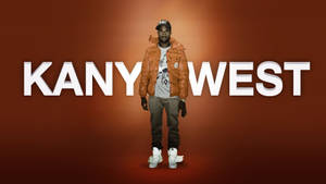Kanye West 穿著橙色外套和白色運動鞋，站在他的名字文字前。 — 肯伊·威斯特 壁紙