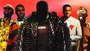 Kanye West 身穿帶有尖刺的外套，印有「DONDA」，被他的分身包圍。 — 肯伊·威斯特 壁紙