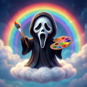 幽靈藝術家在彩虹下的雲端上拿著畫筆和調色板 — Tecno Phantom 壁紙