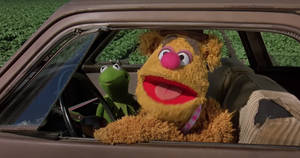Kermit the Frog 和 Fozzie Bear 在一輛生鏽的車裡，背景是綠色。 — 科米蛙 壁紙
