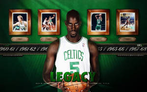 Kevin Garnett 身穿塞爾提克球衣，在綠色牆壁上拿著籃球和冠軍照片。 — 凱文·杜蘭特 壁紙