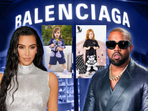 Kim Kardashian 和 Kanye West 在 Balenciaga 商店前，附有他們孩子的照片。 — 巴黎世家 壁紙
