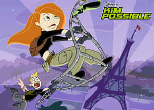 Kim Possible 和 Ron 夜晚飛越巴黎，背景是艾菲爾鐵塔。 — 金範 壁紙