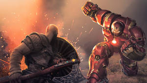Kratos 和 Iron Man 在激烈的戰鬥場景中碰撞。 — 克雷多斯 壁紙