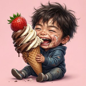 孩子笑著拿著有草莓的巨大冰淇淋甜筒