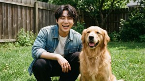 年輕男子在後院草地上與黃金獵犬一起大笑