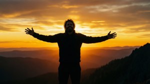 男人張開雙臂在山脊上慶祝日落