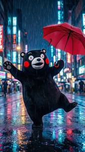 熊本熊在雨中撐紅傘在霓虹城市街道上跳舞