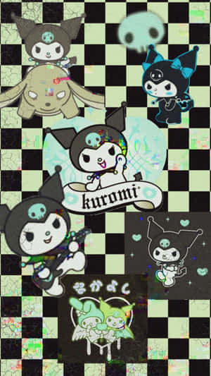 Kuromi 和朋友們以動漫風格出現在帶有霓虹色調的故障棋盤格背景上。 — 黑川伊佐那 壁紙