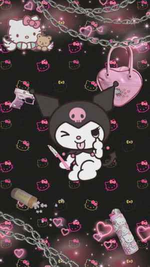 Kuromi 拿著刀，帶有粉紅心形、鎖鏈和Hello Kitty物品，背景是深色閃爍。 — 凱蒂貓 美學 GIF 壁紙
