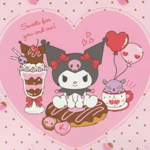 Kuromi 和一隻老鼠在粉紅色心形主題插圖中享受糖果和氣球。 — 酷拉皮卡 壁紙
