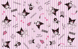 Kuromi 角色桌布，帶有粉紅色心形和條紋背景。 — 桌面 壁紙