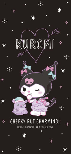 Kuromi 在星空下抱著毛絨玩具，名字上方有心形箭頭。 — Realme Note 壁紙