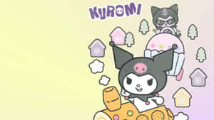 Kuromi 騎著一個巨大的杯子蛋糕，在粉彩天空中有漂浮的房屋和樹木。 — 蘿拉兔 壁紙