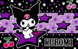 Kuromi 卡通角色坐在帶有櫻桃和星星圖案的紫色星星上。 — 漂亮鎖定螢幕 壁紙