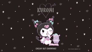 Kuromi 黑色貓咪戴著蝴蝶結，在星空下拿著一個杯子蛋糕。 — 庫洛米 壁紙