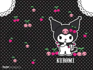 Kuromi 被櫻桃骷髏包圍，在帶有蕾絲邊的黑色圓點背景上。 — 黑川伊佐那 壁紙