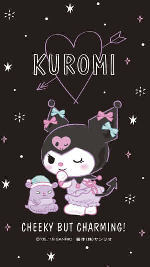 Kuromi 貓咪在星空下拿著棒棒糖，配有愛心和箭頭。 — 三島一八 壁紙